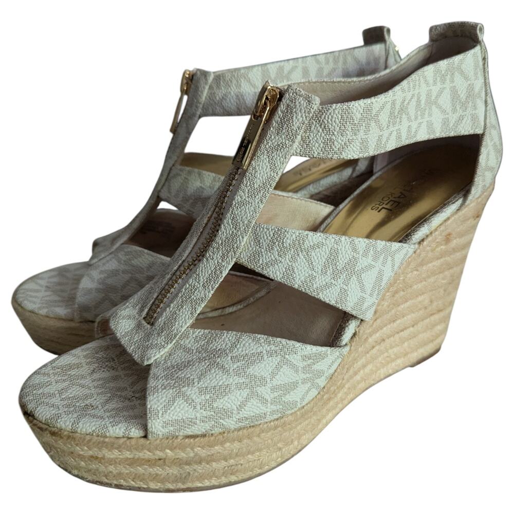 Michael Kors Vanilla Damita Logo MK Signature Wedge Sandals Women 7.5 Shoes - Picture 7 of 11